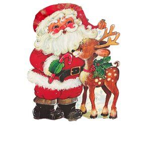 Vintage Christmas Santa Claus Reindeer Die Cut Cardboard Candy Cane USA 15"